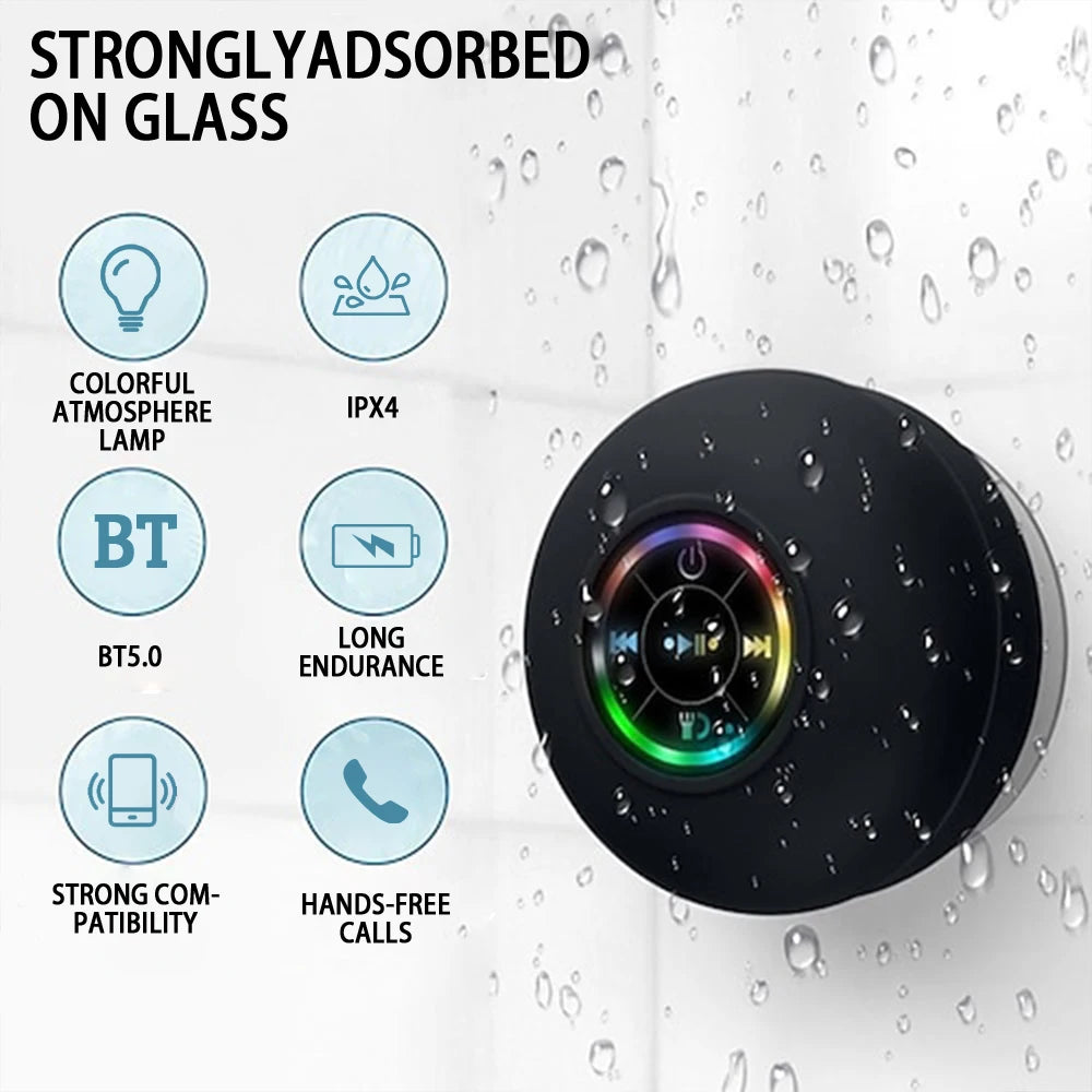 Aquabeat – Enceinte Bluetooth Étanche IPX4 LED pour douche, plage et extérieure.                Profitez d’un son immersif partout, avec un design compact et résistant à l’eau.